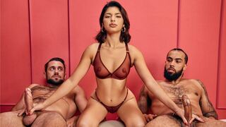 Two guys are jerking off their cocks in sync, moaning together