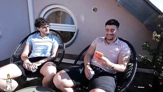 Guys, don't be shy — she'll have time to give everyone a blowjob