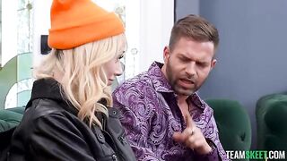 A blonde girl in stockings sat on my cock and moaned very loudly