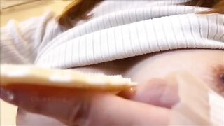 A Japanese woman has an intense orgasm, showcasing her big nipples in a steamy homemade video