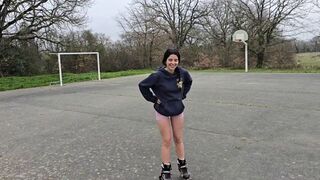 A cute petite girl risked sex in the woods and got a cumshot