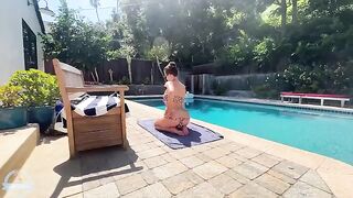 A big-breasted brunette gets fucked by the pool in POV