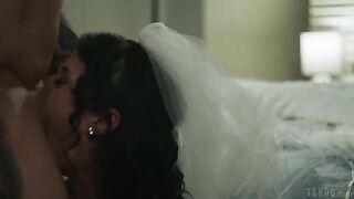 Sweet brunette beauty gets her pussy eaten on the bed