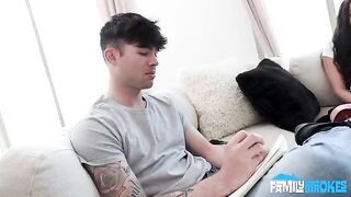 Girl makes a blowjob from the first view, showing her throat filled with spit