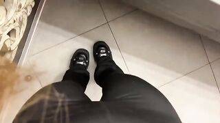 A pink pussy alone in the public toilet, masturbating