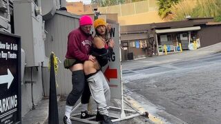 A blonde is having fun with her boyfriend in a risky spot
