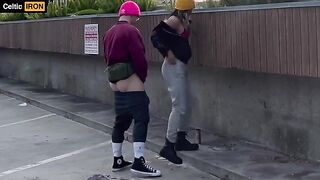 A blonde is having fun with her boyfriend in a risky spot