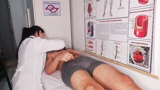 A doctor conducts a thorough oral examination of a fake hospital patient