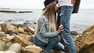 A man received a blowjob from a hot blonde on the beach