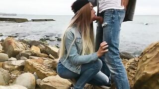 A man received a blowjob from a hot blonde on the beach