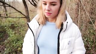 Petite teen Ava Monn gets almost caught in public forest