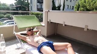 A cute girl made blowjob on the balcony of her sea villa
