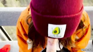 A blowjob with a stranger in the mountain cableway, captured in an intimate POV style